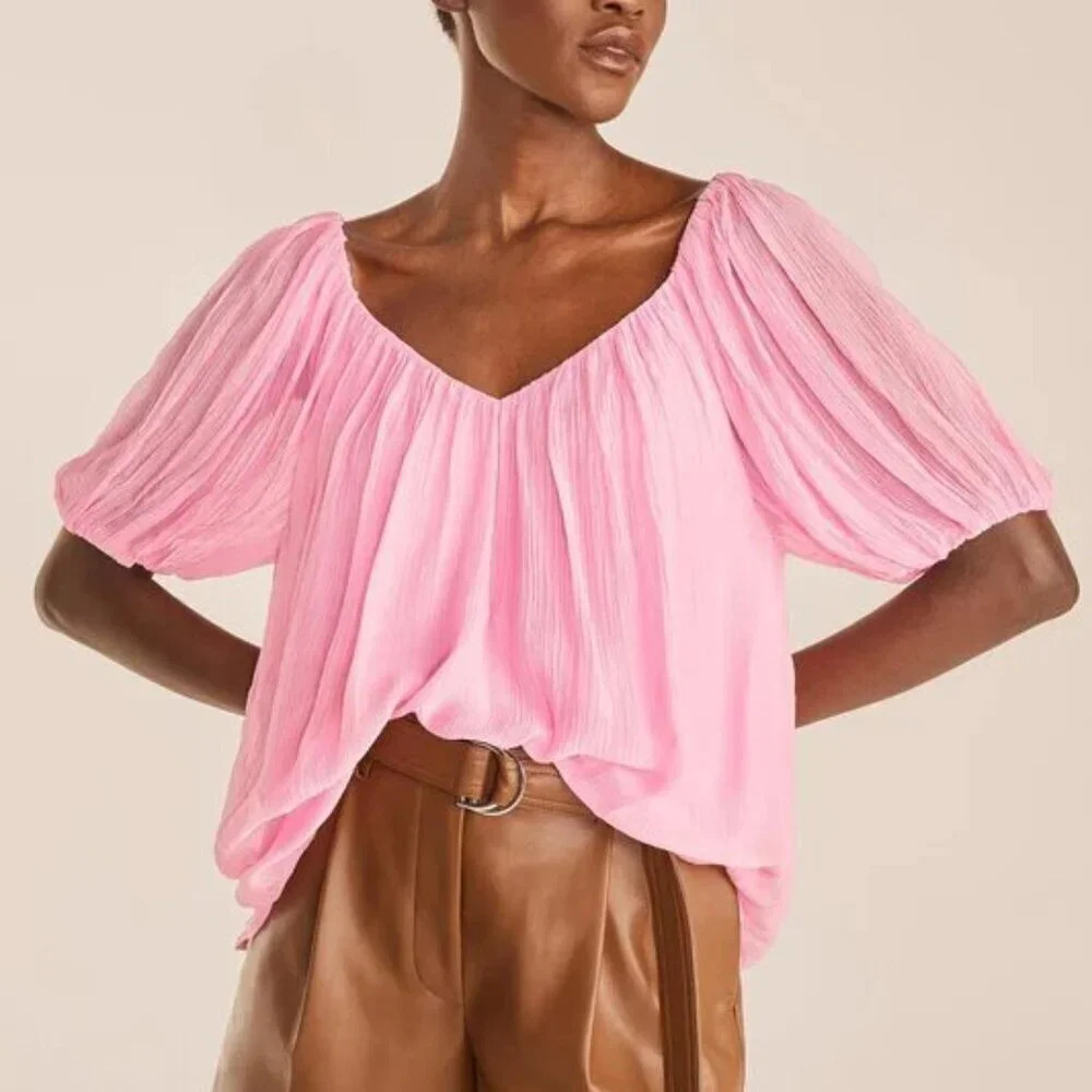 Rebecca Taylor Pink Silk Short Puff Sleeve Top Romantic Flowy Boho‎